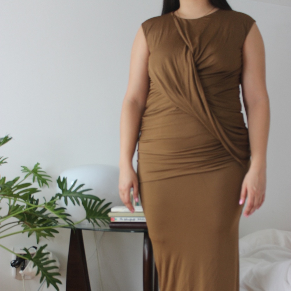 Donna Karan Ankle-Length Wrap Dress in Tan/brown